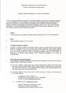 Departnnent of Agriculture, Food and the Marine A n Roinn Taimhafochta, Bia agus Mara Fisheries Natura Declaration No. 1 of[removed]Dundalk Bay)  I, Simon Coveney, Minister for Agriculture, Food and the Marine, in exercise