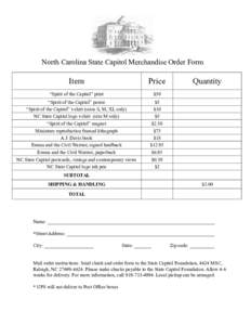 North Carolina State Capitol Merchandise Order Form  Item Price