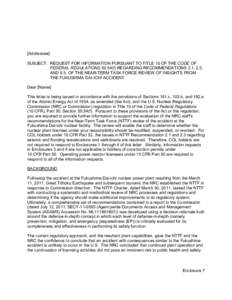 SECY[removed]Enclosure 7:  Request For Information Pursuant To 10 CFR[removed]f) Regarding Recommendations 2.1, 2.3, And 9.3, Of The Near-Term Task Force Review Of Insights From The Fukushima Daiichi Accident