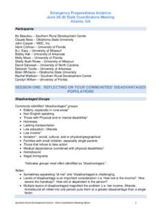 Emergency Preparedness Initiative June[removed]State Coordinators Meeting Atlanta, GA Participants: Bo Beaulieu – Southern Rural Development Center Claude Bess – Oklahoma State University
