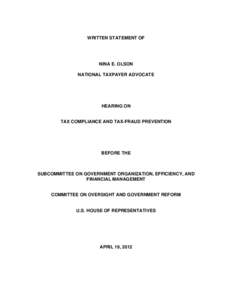 Testimony of National Taxpayer Advocate Nina E. Olson: Tax Compliance and Tax-Fraud Prevention