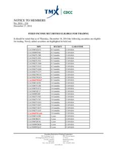 NOTICE TO MEMBERS No. 2014 – 234 December 17, 2014 FIXED INCOME SECURITIES ELIGIBLE FOR TRADING It should be noted that as of Thursday, December 18, 2014 the following securities are eligible for trading. Newly added s