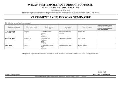 WIGAN METROPOLITAN BOROUGH COUNCIL ELECTION OF A WARD COUNCILLOR THURSDAY, 22 MAY 2014 The following is a statement as to the persons nominated for election of a Councillor for the DOUGLAS Ward