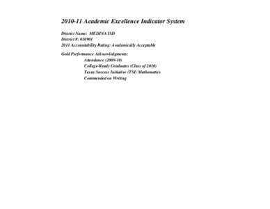 [removed]Academic Excellence Indicator System District Name: MEDINA ISD District #: [removed]Accountability Rating: Academically Acceptable Gold Performance Acknowledgments: Attendance[removed])