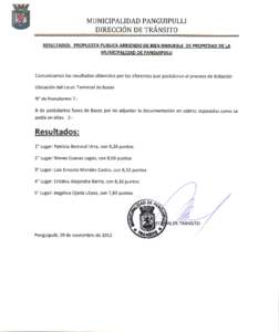 MUNICIPALIDAD PANGUIPULLI DIRECCION DE TRANSITO RESULTADOS PROPUESTA PUBL:CA ARR:ENDO DE BI=N INMUEBLE DE PROplEDAD DE LA MUNICiPAL:DAD DE PANGU:PULLi  Comunicamos los resultados obtenidos por los oferentes que postularo