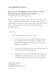 Open General Transhipment Licence (Dual-Use Goods: Hong Kong Special Administrative Region) dated 13 June 2012