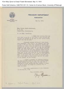 From Mary Synon to Evelyn Foster Morneweck, May 14, 1919 Foster Hall Collection, CAM.FHC[removed], Center for American Music, University of Pittsburgh. 
