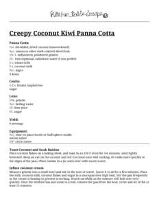 Creepy Coconut Kiwi Panna Cotta Panna Cotta: ⅓ c. shredded, dried coconut (unsweetened) ¼ c. raisins or other dark-colored dried fruit. 1½ t. unflavored, powdered gelatin 1T. rum (optional, substitute water if you pr