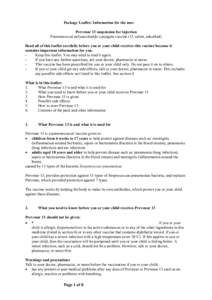 Package Leaflet: Information for the user Prevenar 13 suspension for injection Pneumococcal polysaccharide conjugate vaccine (13 valent, adsorbed) Read all of this leaflet carefully before you or your child receives this