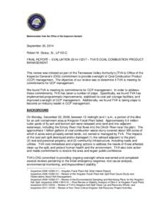 TVA RESTRICTED INFORMATION  Memorandum from the Office of the Inspector General September 30, 2014 Robert M. Deacy, Sr., LP 5D-C
