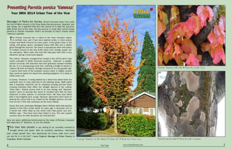 Presenting Parrotia persica ‘Vanessa’ Your SMA 2014 Urban Tree of the Year Manager of Parks for Surrey, British Columbia Owen Croy wrote the Tree of Merit column in City Trees about Parrotia persica ‘Vanessa’ jus