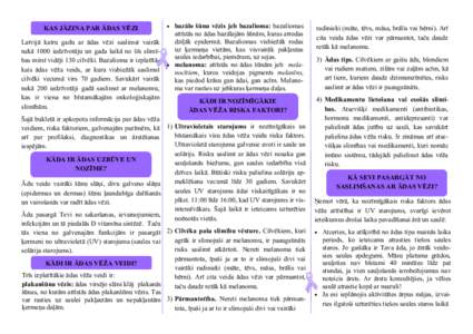 KAS JĀZINA PAR ĀDAS VĒZI Latvijā katru gadu ar ādas vēzi saslimst vairāk nekā 1000 iedzīvotāju un gada laikā no šīs slimības mirst vidēji 130 cilvēki. Bazalioma ir izplatītākais ādas vēža veids, ar k