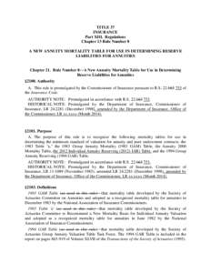 TITLE 37 INSURANCE Part XIII. Regulations Chapter 13 Rule Number 8 A NEW ANNUITY MORTALITY TABLE FOR USE IN DETERMINING RESERVE LIABILITIES FOR ANNUITIES