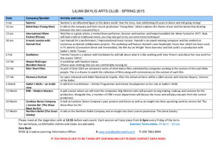 LILIAN BAYLIS ARTS CLUB - SPRING 2015 Date Company/Speaker  Activity and notes