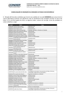 COMPANHIA DE DESENVOLVIMENTO URBANO DO ESTADO DA BAHIA CONCURSO PÚBLICO – 2013 EDITAL N° 01, DE 09 DE AGOSTO DE 2013 HOMOLOGAÇÃO DE INSCRIÇÃO NA CONDIÇÃO DE PESSOA COM DEFICIÊNCIA