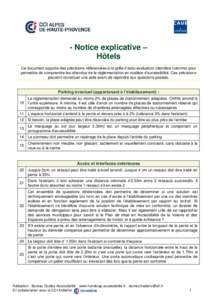 - Notice explicative – Hôtels Ce document apporte des précisions référencées à la grille d’auto-évaluation (dernière colonne) pour permettre de comprendre les attendus de la réglementation en matière d’ac