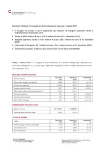 Cementir Holding: il Consiglio di Amministrazione approva i risultati 2013  Il Gruppo ha chiuso il 2013 superando gli obiettivi di margine operativo lordo e indebitamento finanziario netto  Ricavi a 988,6 milioni d