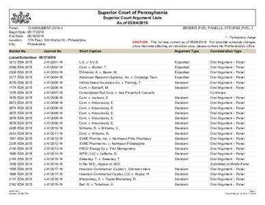 Superior Court of Pennsylvania Superior Court Argument Lists As ofPanel: Begin Date: End Date: