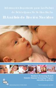 Información Importante para Los Padres de Bebés Quien No Se Han Hecho El Análisis de Recién Nacidos  Newborn Screening Branch