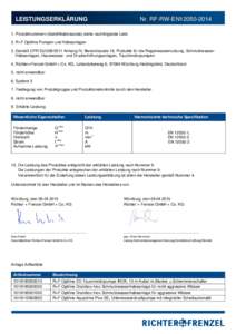 LEISTUNGSERKLÄRUNG  Nr. RF-RW-EN12050Produktnummern (Identifikationscode) siehe nachfolgende Liste 2. R+F Optiline Pumpen und Hebeanlagen