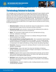 Terminology Related to Suicide The knowledge and use of appropriate terminology when dealing with issues related to suicide helps to reduce stigma associated with help seeking. Appropriate use of terminology by the healt