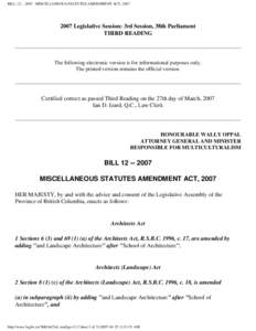 BILL[removed] : MISCELLANEOUS STATUTES AMENDMENT ACT, 2007