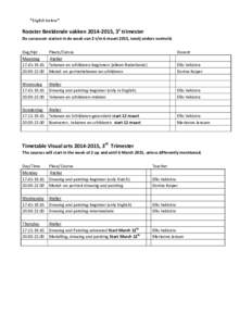 *English below*  Rooster Beeldende vakken, 3e trimester De cursussen starten in de week van 2 t/m 6 maart 2015, tenzij anders vermeld. Dag/tijd Plaats/Cursus