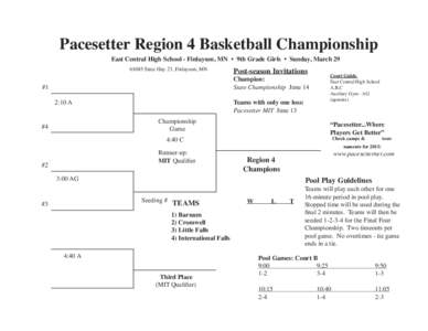 Pacesetter Region 4 Basketball Championship East Central High School - Finlayson, MN • 9th Grade Girls • Sunday, March[removed]State Hay 23, Finlayson, MN #1 2:10 A