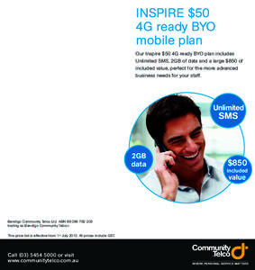 INSPIRE $50 4G ready BYO mobile plan Our Inspire $50 4G ready BYO plan includes Unlimited SMS, 2GB of data and a large $850 of included value, perfect for the more advanced