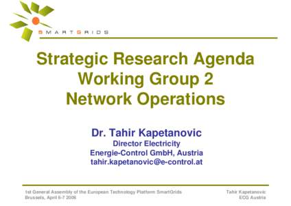 Strategic Research Agenda Working Group 2 Network Operations Dr. Tahir Kapetanovic Director Electricity Energie-Control GmbH, Austria