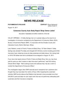 OFFICE OF PUBLIC AFFAIRS 1625 North Market Boulevard, Suite N-323, Sacramento, CA[removed]P[removed]F[removed] | www.dca.ca.gov NEWS RELEASE FOR IMMEDIATE RELEASE