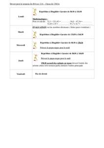 Devoir pour la semaine du 08/6 au 12/6 – Classe de CM1A  Répétition à Diaghilev-Garnier de 8h30 à 11h30 Lundi Mathématiques : Pose et calcule : 52,3 + 251,42 = ……….. ; 56,8 – 47,26 = ………….