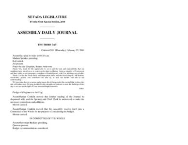 NEVADA LEGISLATURE Twenty-Sixth Special Session, 2010 ASSEMBLY DAILY JOURNAL THE THIRD DAY CARSON CITY (Thursday), February 25, 2010