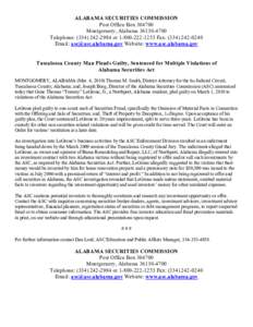 ALABAMA SECURITIES COMMISSION Post Office Box[removed]Montgomery, Alabama[removed]Telephone: ([removed]or[removed]Fax: ([removed]Email: [removed] Website: www.asc.alabama.gov Tuscaloosa Count