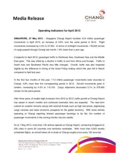 Media Release Operating indicators for April 2013 SINGAPORE, 27 May 2013 – Singapore Changi Airport handled 4.24 million passenger movements in April 2013, an increase of 0.8% over the same period inFlight