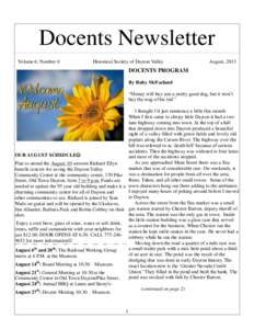 Docents Newsletter Volume 6, Number 6 Historical Society of Dayton Valley  August, 2013