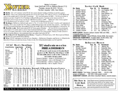 Today’s Game: Xavier Gold Rush[removed]vs. Belhaven Blazers[removed]Thursday, January 28, 2010, 7:30 p.m. The Barn (capacity 1,300), New Orleans  Men’s Basketball