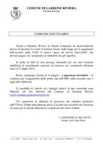 COMUNE DI GARDONE RIVIERA Provincia di Brescia COMUNICATO STAMPA  Anche a Gardone Riviera la Giunta Comunale ha motivatamente