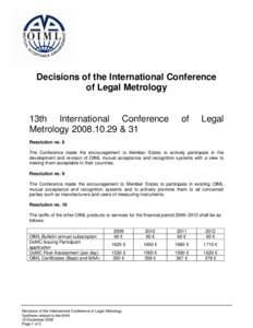 Decisions of the International Conference of Legal Metrology 13th International Conference Metrology[removed] & 31