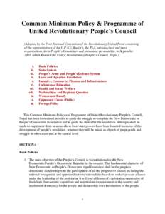 Common Minimum Policy & Programme of United Revolutionary People’s Council (Adopted by the First National Convention of the Revolutionary United Front consisting of the representatives of the C.P.N. ( Maoist ), the PLA