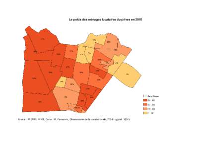 Le poids des ménages locataires du prives enSource : RP 2010, INSEE. Carte : M. Pavasovic, Observatoire de la société locale, 2014.Logiciel : QGIS. 