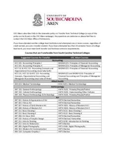 USC Aiken subscribes fully to the statewide policy on Transfer from Technical College (a copy of this policy can be found on the USC Aiken webpage). Any questions are welcome so please feel free to contact the USC Aiken 