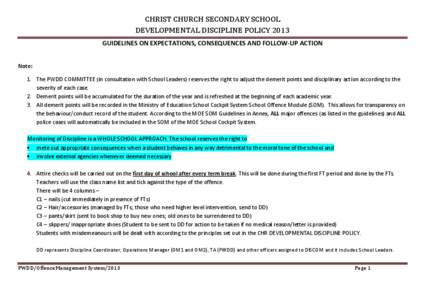 CHRIST CHURCH SECONDARY SCHOOL DEVELOPMENTAL DISCIPLINE POLICY 2013 GUIDELINES ON EXPECTATIONS, CONSEQUENCES AND FOLLOW-UP ACTION Note: 1. The PWDD COMMITTEE (in consultation with School Leaders) reserves the right to ad