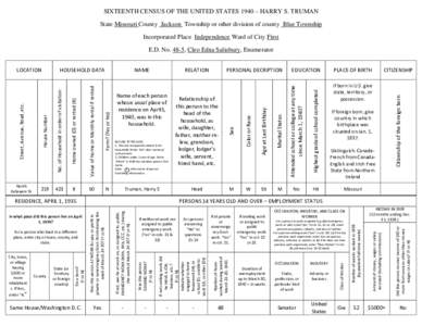 SIXTEENTH CENSUS OF THE UNITED STATES 1940 – HARRY S. TRUMAN State Missouri County Jackson Township or other division of county Blue Township Incorporated Place Independence Ward of City First E.D. No. 48-5, Cleo Edna 