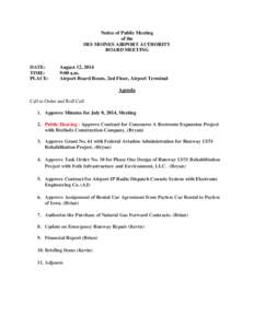 Notice of Public Meeting of the DES MOINES AIRPORT AUTHORITY BOARD MEETING  DATE: