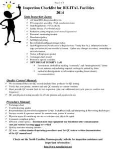 Page 1 of 4  Inspection Checklist for DIGITAL Facilities 2014 State Inspection Items:  All State/FDA Inspection Reports