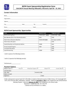 NCPH Event Sponsorship Registration Form OAH/NCPH Annual Meeting; Milwaukee, Wisconsin; April 18 – 22, 2012 Contact Information Name______________________________________________________________________________________