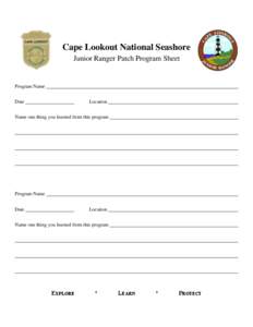 Cape Lookout National Seashore Junior Ranger Patch Program Sheet Program Name Date