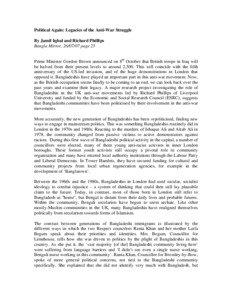 Activism / Bangladeshi diaspora / British Bangladeshi / Muslim Association of Britain / Islamism / London Borough of Tower Hamlets / Respect Party / Stop the War Coalition / Bangladesh / Ethnic groups in the United Kingdom / Bangladeshi diaspora in the United Kingdom / Political geography