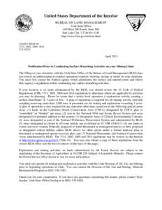 United States Department of the Interior BUREAU OF LAND MANAGEMENT Utah State Office 440 West 200 South, Suite 500 Salt Lake City, UT[removed]http://www.blm.gov/ut/st/en.html